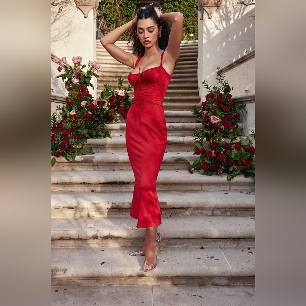 HOUSE OF CB Valencia Corset Dress in Red Rose (NWT)